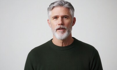 Obraz premium middle aged man with grey hair and short beard wearing dark green sweater