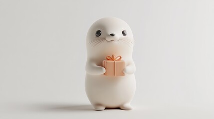 Adorable Seal Holding a Gift Box Against a Minimalist White Background
