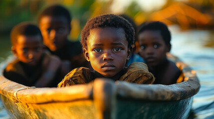 Migrant African Children and Teenagers in a Boat Illustration of Homelessness and Journey to Europe
