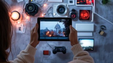 Person Watching Travel Footage on Digital Tablet Surrounded by Technology Gadgets Home Office Setup Creative Inspiration Remote Work