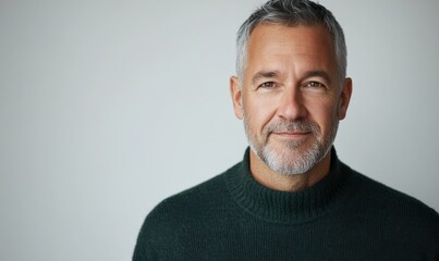 middle aged man with grey hair and short beard wearing dark green sweater