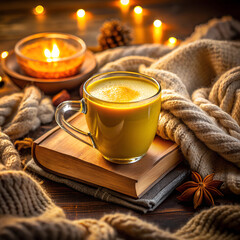 Warm Turmeric Latte with Honey and Spices on Rustic Wooden Tray