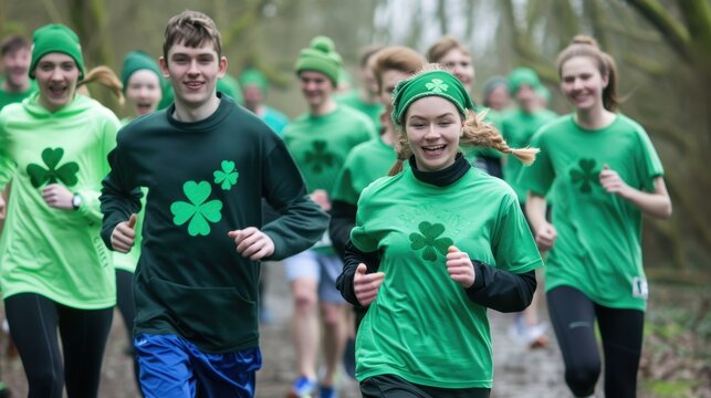 Runners in green shirts participate in a charity run, smiling as they navigate a wooded path - Powered by Adobe