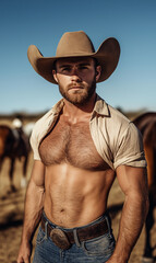 a handsome cowboy standing confidently. He has dark brown hair and a well-groomed stubble beard, wearing an open button-down shirt that reveals his muscular chest. generative ai