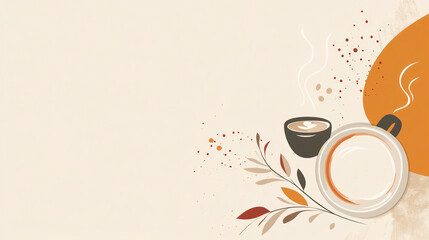 Mimalistic suitable for coffee shop advertisiment with coffee elements in it featuring coffee cups and floral decoration