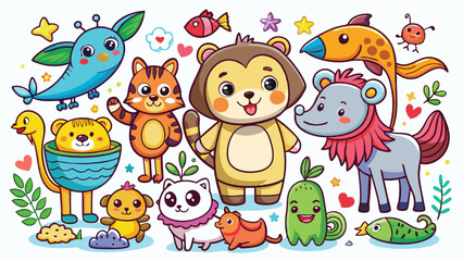 Naklejka premium Kids style drawing doodle animals isolated EPS Vector Images