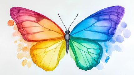 Obraz premium a colorful butterfly with its wings spread open. The wings are painted in a gradient of vibrant colors, transitioning smoothly from one to another. Starting from the top left wing