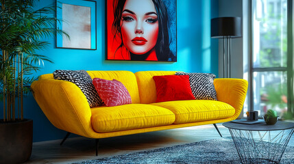 Vintage Charm Bright Woman Artwork in Modern Pop Art Retro Colors Cozy Living Room Interior with Yellow Sofa and Red Pillows