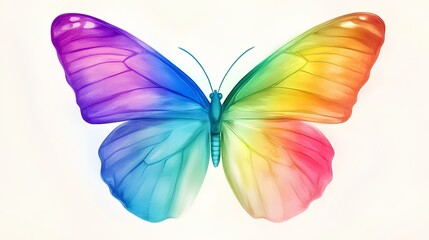 Obraz premium a butterfly with vibrant, rainbow-colored wings. The wings transition smoothly through various colors, starting with purple at the top left, moving through blue, green, yellow