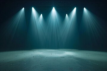 Obraz premium An empty stage with modern dance performance setup, illuminated by blue and green stage lighting. The scene is set for an entertainment show, featuring contemporary dance
