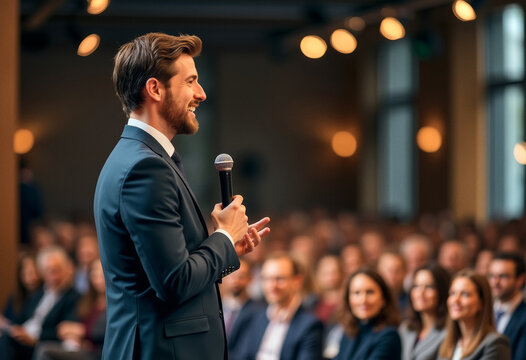 A photo of a candid speaker person giving a speech to a diverse audience