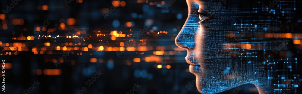 Poster an abstract representation of a human face inspired by artificial intelligence concepts