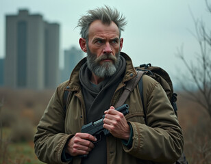 A stern man with a weapon in his hands, a survivor of the apocalypse