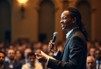 Fototapeta premium A photo of a candid speaker person giving a speech to a diverse audience