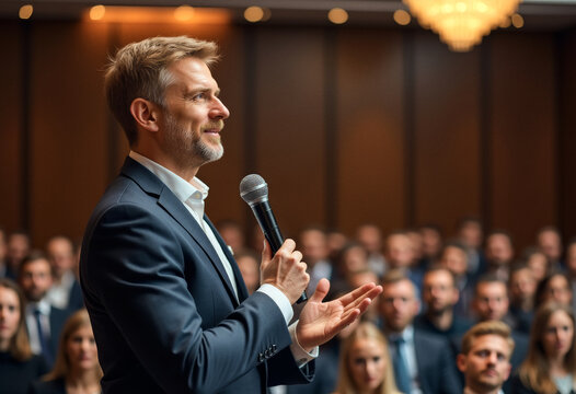 A photo of a candid speaker person giving a speech to a diverse audience