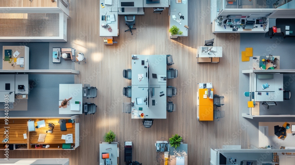Poster an overhead view of a modern office with multiple desks and chairs