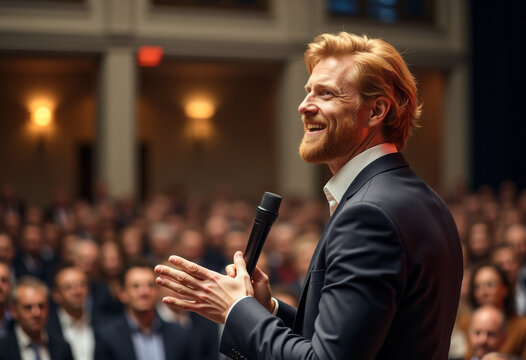 A photo of a candid speaker person giving a speech to a diverse audience