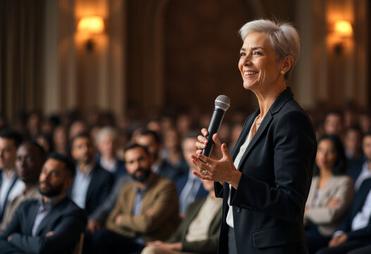 A photo of a candid speaker person giving a speech to a diverse audience