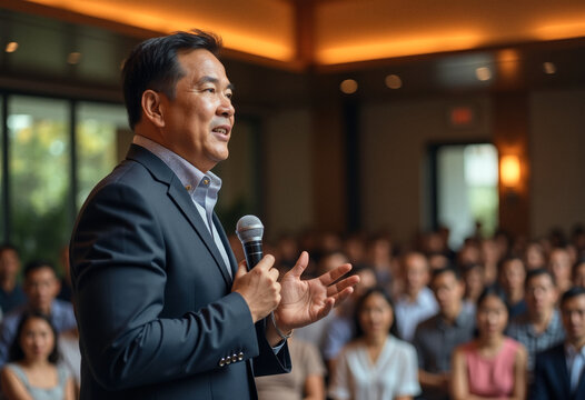 A photo of a candid speaker person giving a speech to a diverse audience