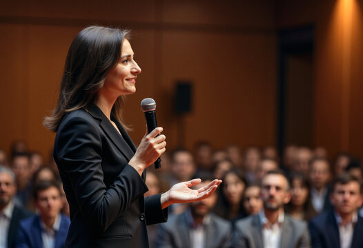 A photo of a candid speaker person giving a speech to a diverse audience