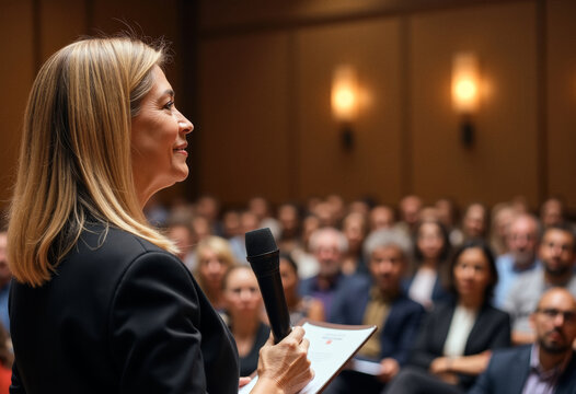 A photo of a candid speaker person giving a speech to a diverse audience