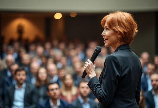 A photo of a candid speaker person giving a speech to a diverse audience - Powered by Adobe