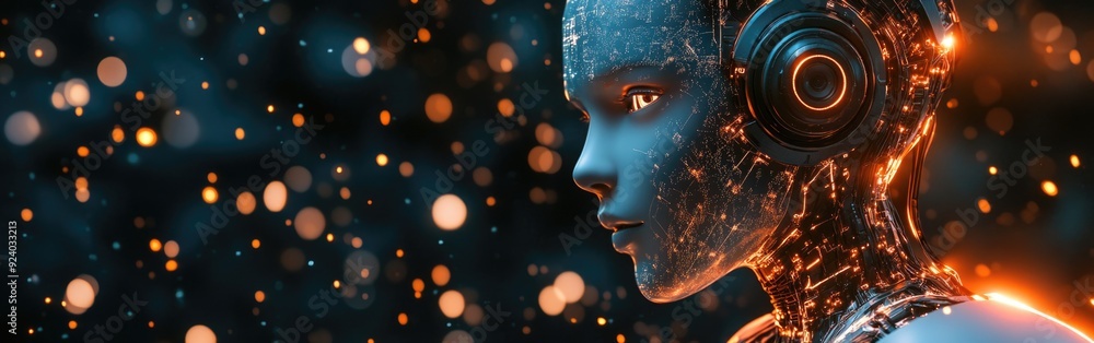 Poster a robotic figure explores advanced concepts in artificial intelligence