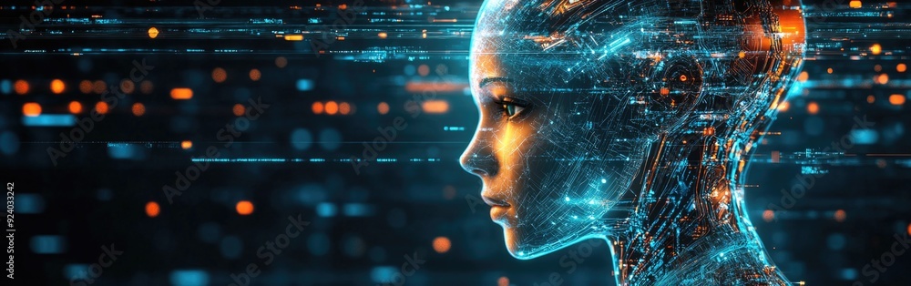 Aufkleber a humanoid robot's profile illuminated by glowing circuitry and digital patterns