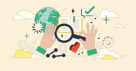 Psychographic segmentation in marketing research tiny person neubrutalism concept. Community and customer division using sub groups to understand individuality characteristics vector illustration.