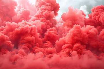 Fototapeta premium A dramatic burst of red smoke expands against a solid black background, creating a striking contrast. The swirling, cloud like formation captures the dynamic motion and intensity of the explosion.