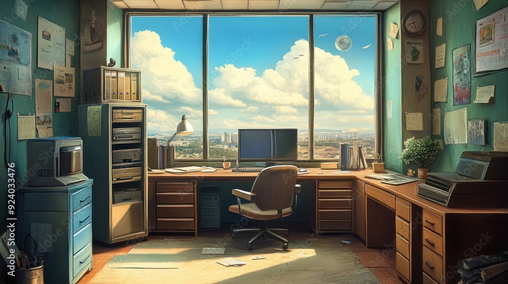 Poster An Office with a View of a Cityscape Through a Large Window