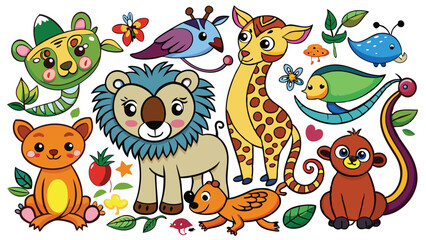 Fototapeta premium Kids style drawing doodle animals isolated EPS Vector Images
