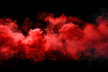 A dramatic burst of red smoke expands against a solid black background, creating a striking contrast. The swirling, cloud like formation captures the dynamic motion and intensity of the explosion.
