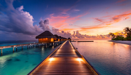 Fototapeta premium Gorgeous sunset view from the dock of a five-star resort in the Maldives, leading to Paradise Island