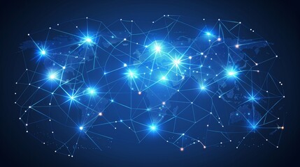 Global Network, World Map with Futuristic Blue Lines Representing Communication and Technology