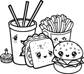 Cute kawaii coloring page for kids. Cartoon vector characters. happy cute and funny fast food, Black and white illustration. Black and White.