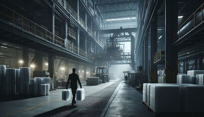 Warehouse interior with guard at the entrance. Generative AI.