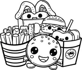 Cute kawaii coloring page for kids. Cartoon vector characters. happy cute and funny fast food, Black and white illustration. Black and White.