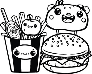 Cute kawaii coloring page for kids. Cartoon vector characters. happy cute and funny fast food, Black and white illustration. Black and White.