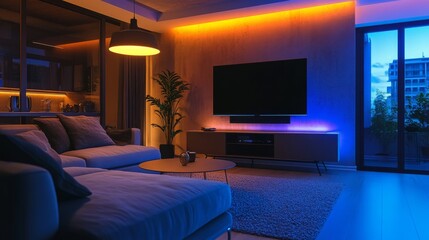 Smart Home Entertainment System: A living room with an integrated, voice-controlled entertainment system.