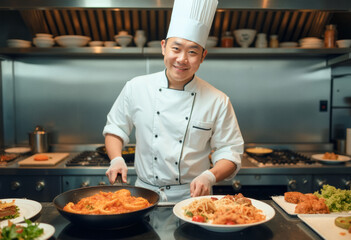 photo of a professional chef cook, cooking appetising meals on a modern commercial kitchen of a restaurant
