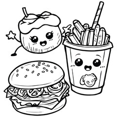 Art & IllustratioCute kawaii coloring page for kids. Cartoon vector characters. happy cute and funny fast food, Black and white illustration. Black and White.