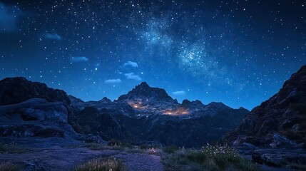 Starry Night Sky Above Mountain Range with Path