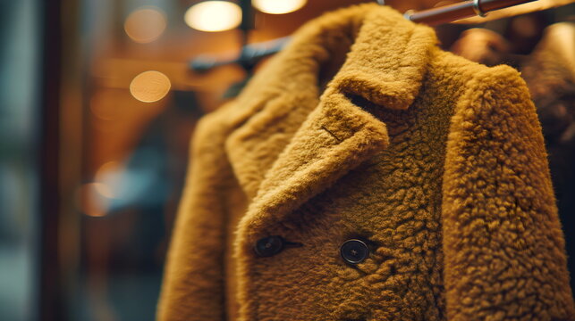 Stylish teddy coat on display in clothing store for autumn fashion and outerwear concept