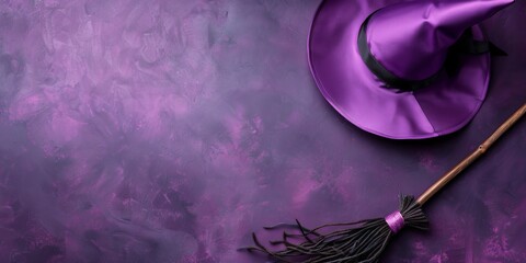 Purple witch hat and broomstick on a purple background. Banner with copy space