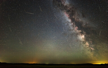 Night sky with stars and milky way. Perseid meteors shower.