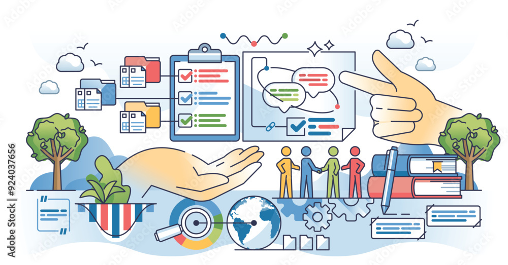 Poster qualitative research methods and society data research outline hands concept. scientific community a