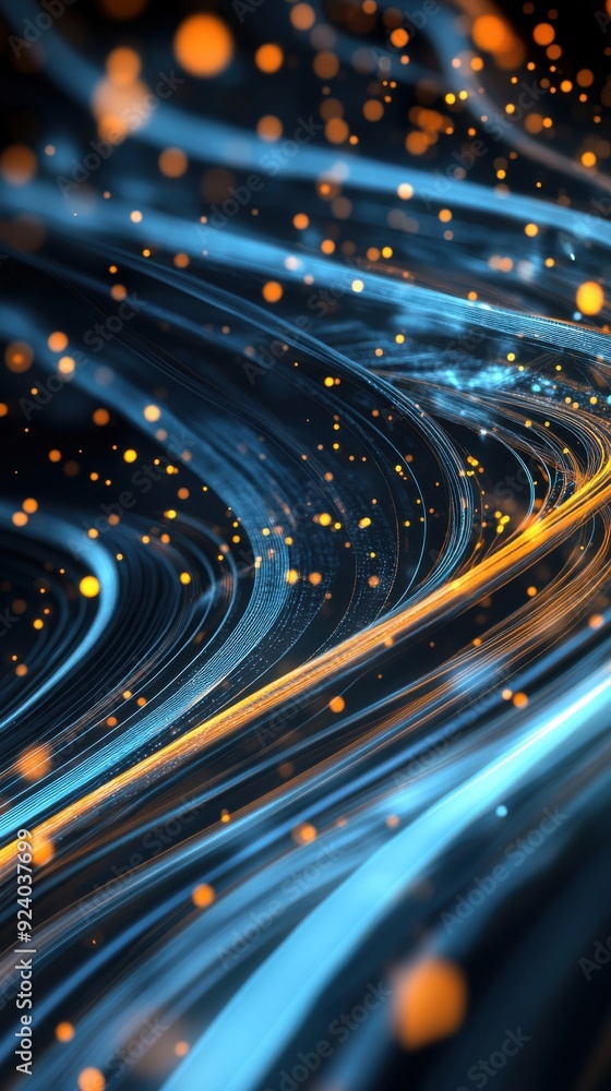 Poster 3d loop of abstract data streams flowing through a dark, futuristic environment, with lines and part