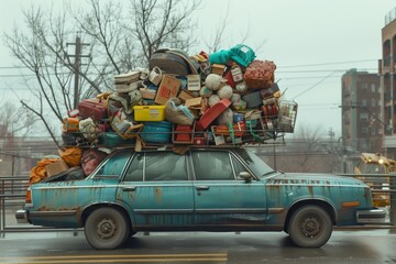 Naklejka premium suitcases with things on the roof of the car, retro toned