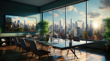 Minimalist Boardroom with Large Windows and Cityscape View in Modern Office Setting